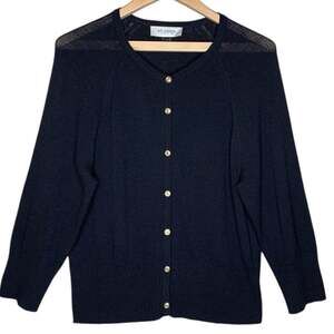 St John Collection Santana Knit Cardigan L Large Black Navy Gold Logo Buttons